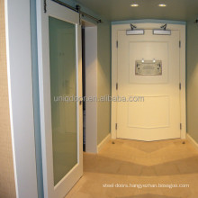 Single lite sliding frosted tempered glass barn door with stainless steel tubular sliding track system